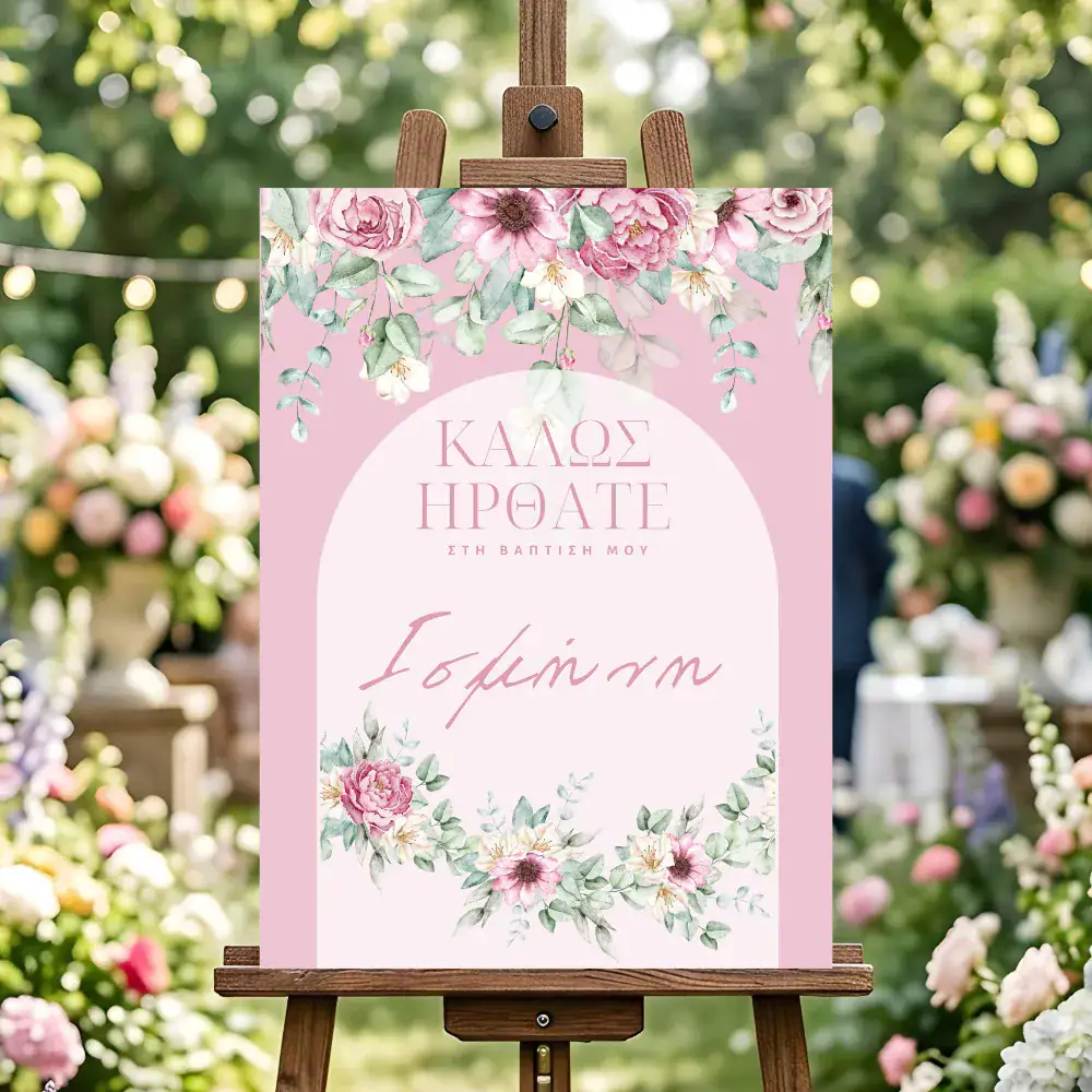 Άνθρωποι σε γάμο με floral διακόσμηση και ευχές καλωσορίσ.