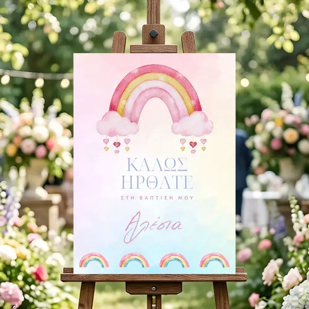 Πρωτότυπο και χαριτωμένο ευχετήριο κάρτα βάπτισης με ουράνιο τόξο και λουλούδια, ιδανική για γιορτή.